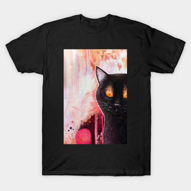 Black cat with fire T-Shirt by kodamorkovkart